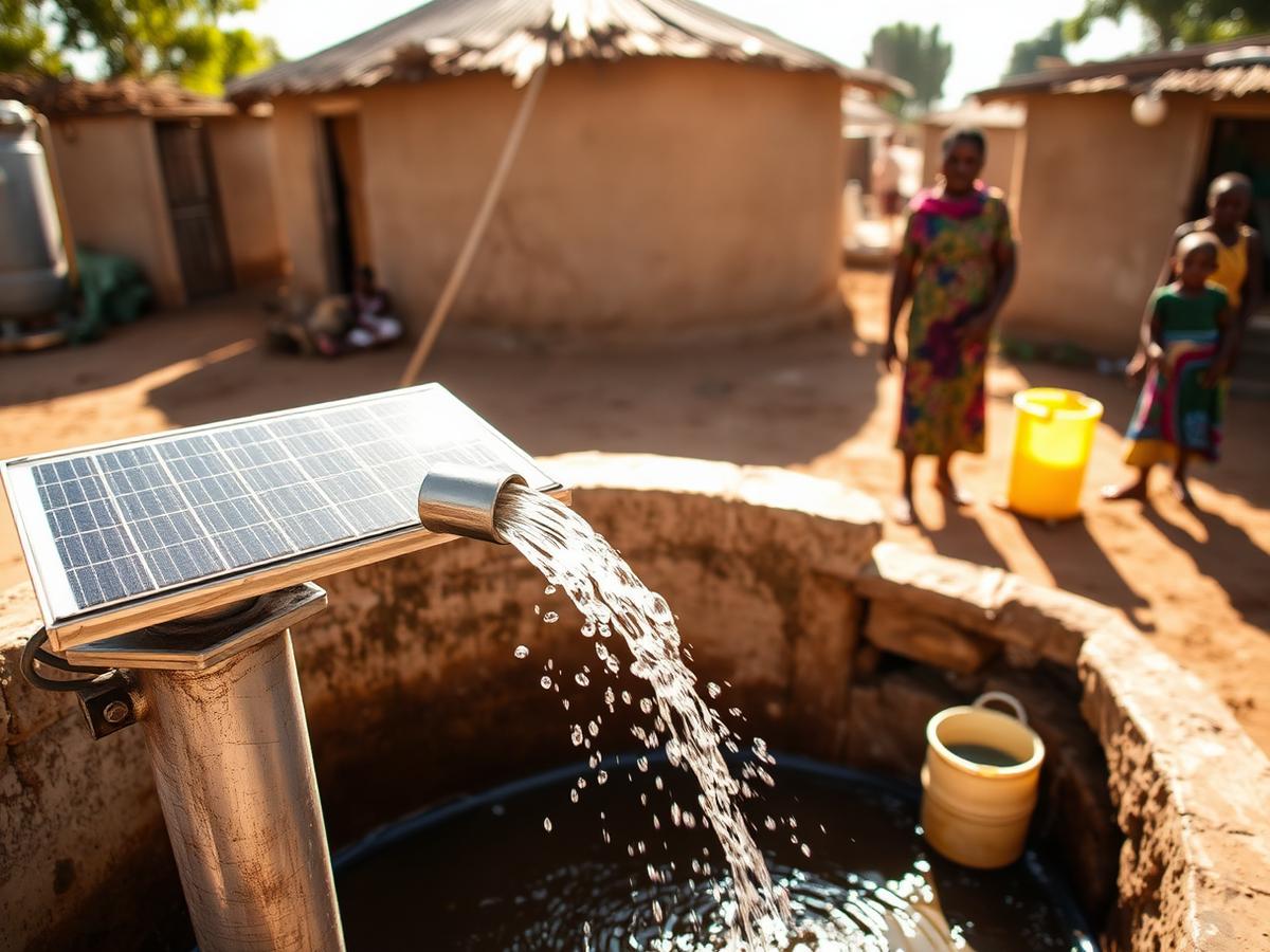 Pompage solaire alimentant un point d'eau villageois